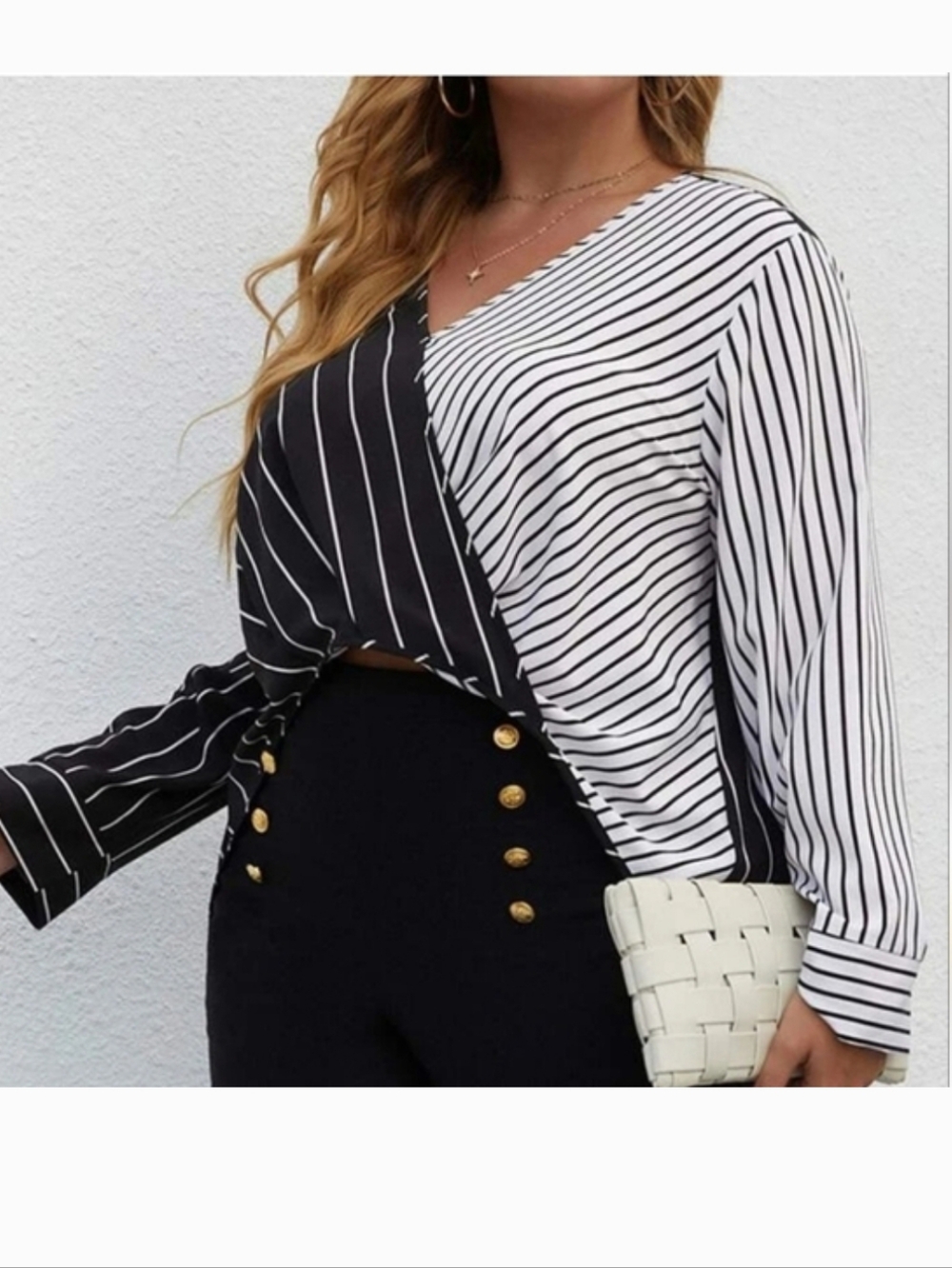 SHEIN Black and White Striped V-Neck Long Sleeve Top